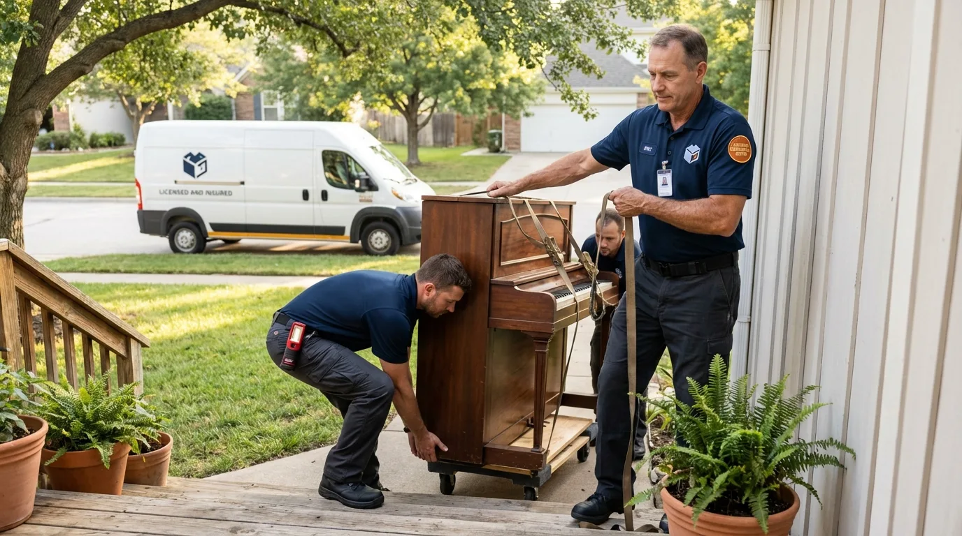 Licensed piano movers securing grand piano in Dunbar, PA