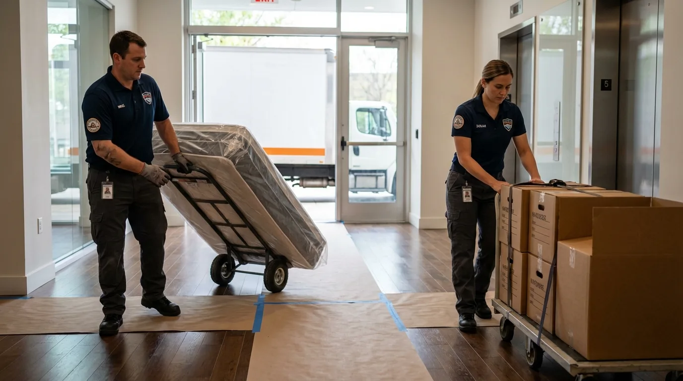 Professional apartment movers loading elevator in Dunbar, PA
