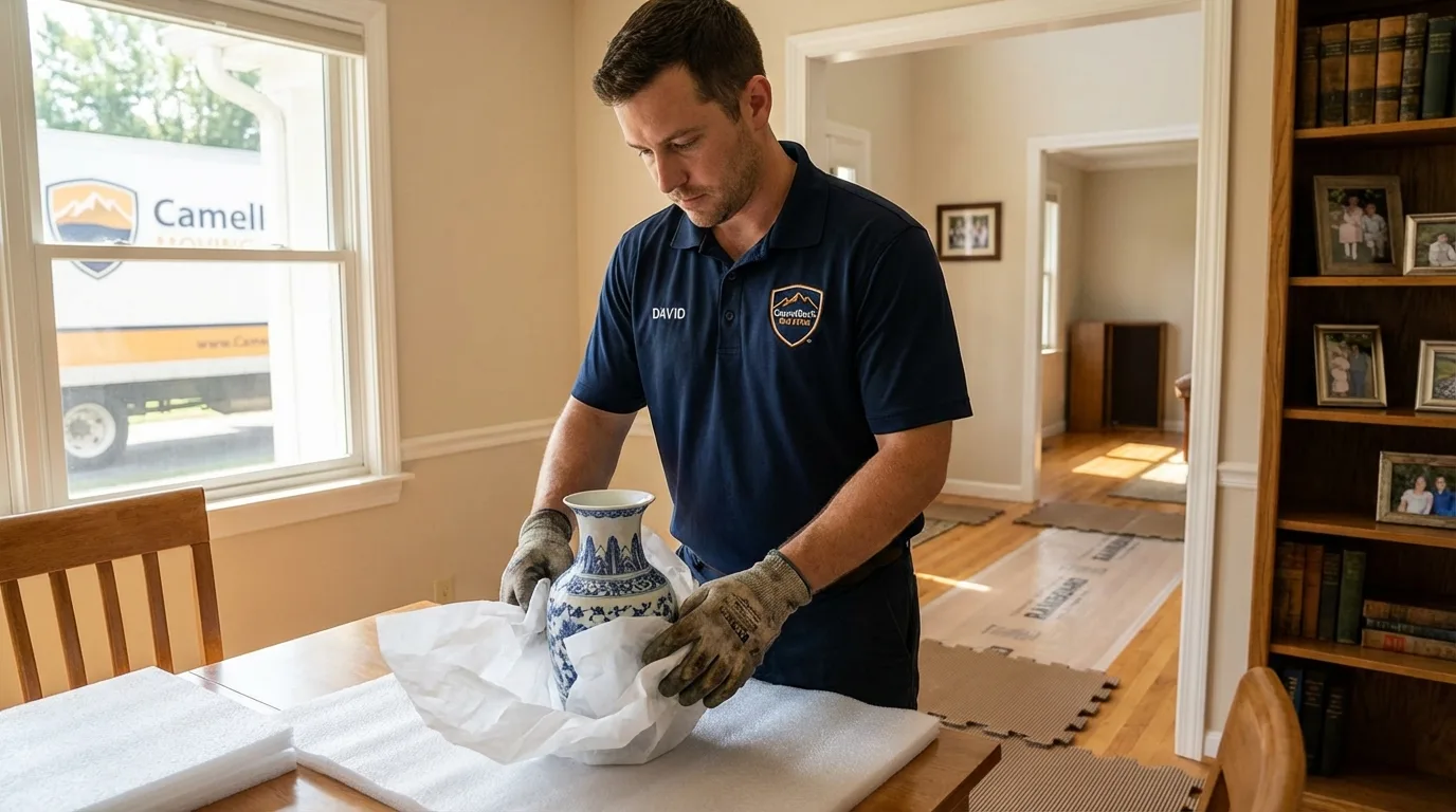 Professional crew carefully wrapping antique vase for senior downsizing move in Dunbar, PA