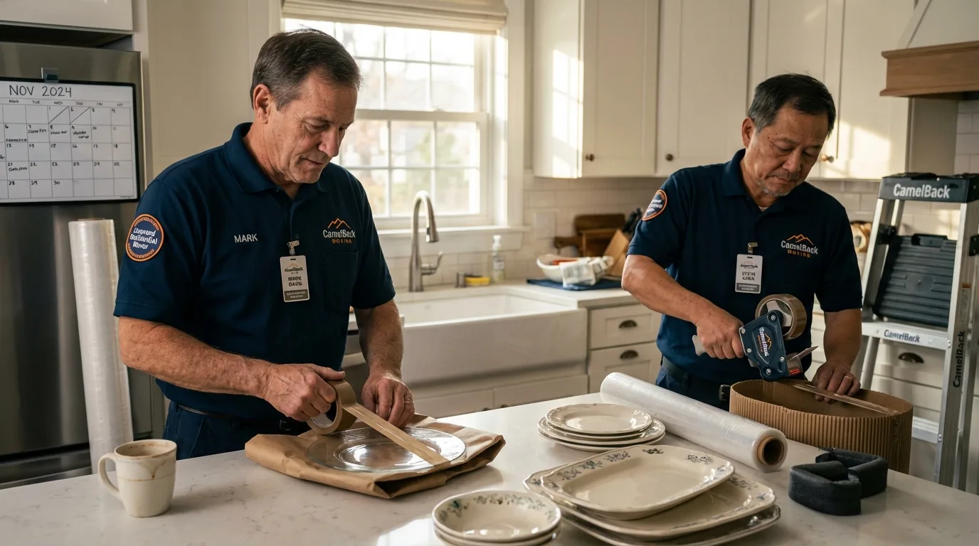 Professional crew packing kitchen dishware in Dunbar, PA
